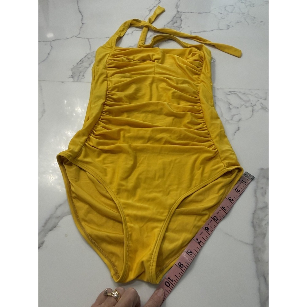 Swimsuit Womens Medium Yellow Halter Ruched One Piece Lined Bathing Suit - Picture 8 of 8